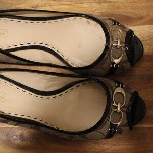 Classic Coach Brown & Tan Peep Toe Wedges - Sz 8.5